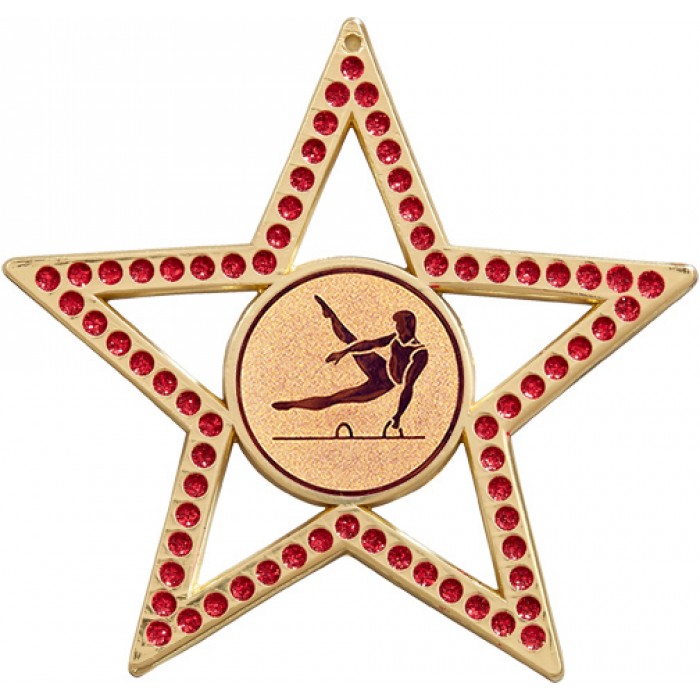 RED STAR MALE GYMNASTICS MEDAL - GOLD - 75MM -  SILVER OR BRONZE